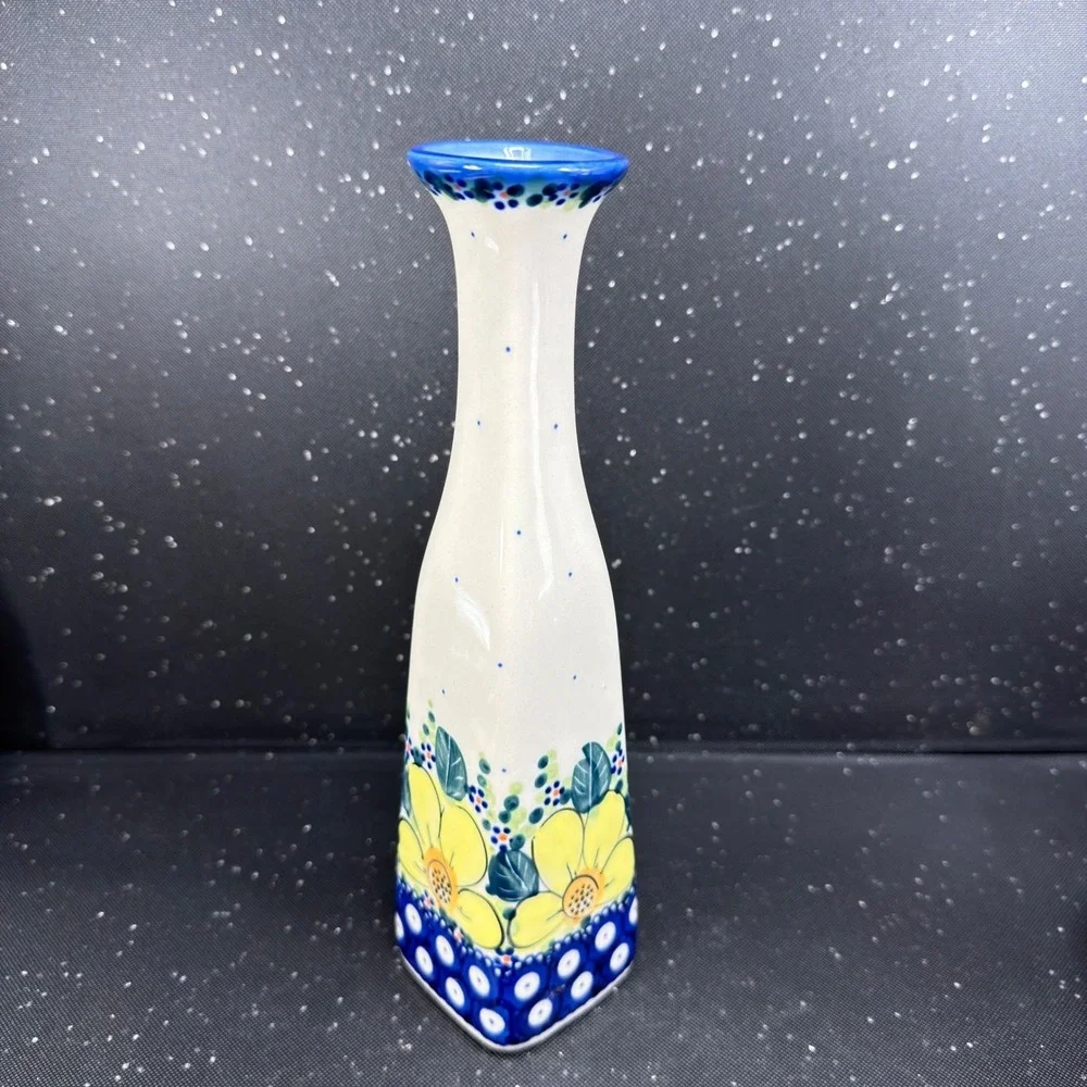 Boleslawiec Polish Pottery Bud Vase Monika J Signed Yellow Floral Blue 9.5in